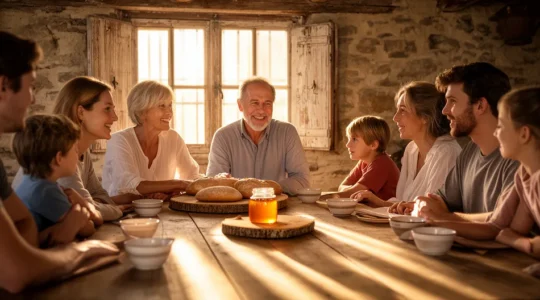 Colazione condivisa attorno a un tavolo in agriturismo con famiglia ospitante