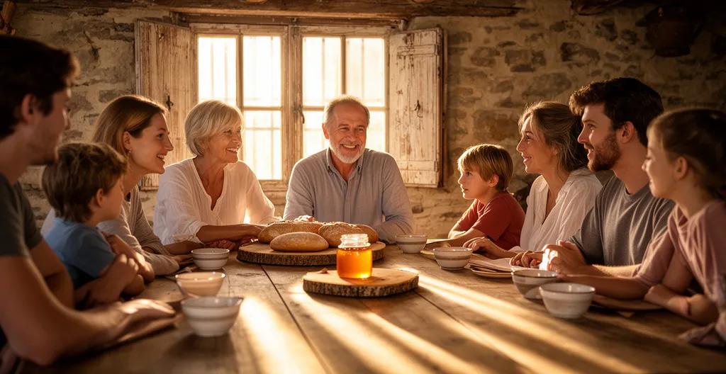 Colazione condivisa attorno a un tavolo in agriturismo con famiglia ospitante