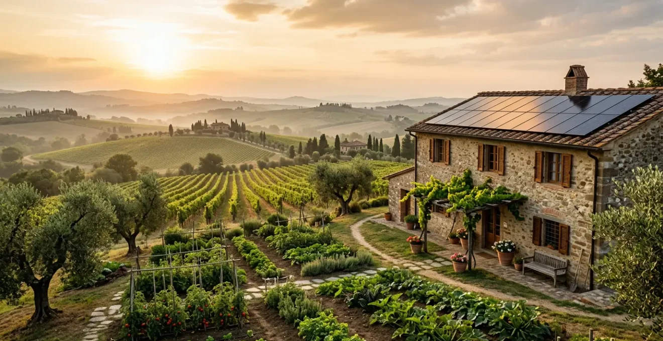 Vista panoramica di un agriturismo con pannelli solari integrati sul tetto in mezzo alla campagna italiana