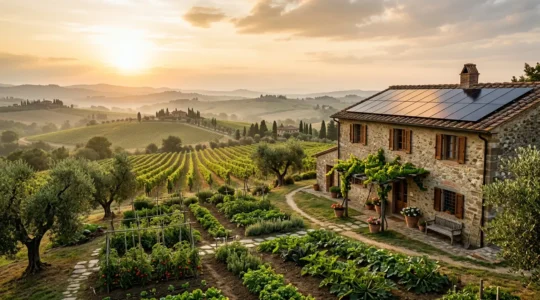 Vista panoramica di un agriturismo con pannelli solari integrati sul tetto in mezzo alla campagna italiana