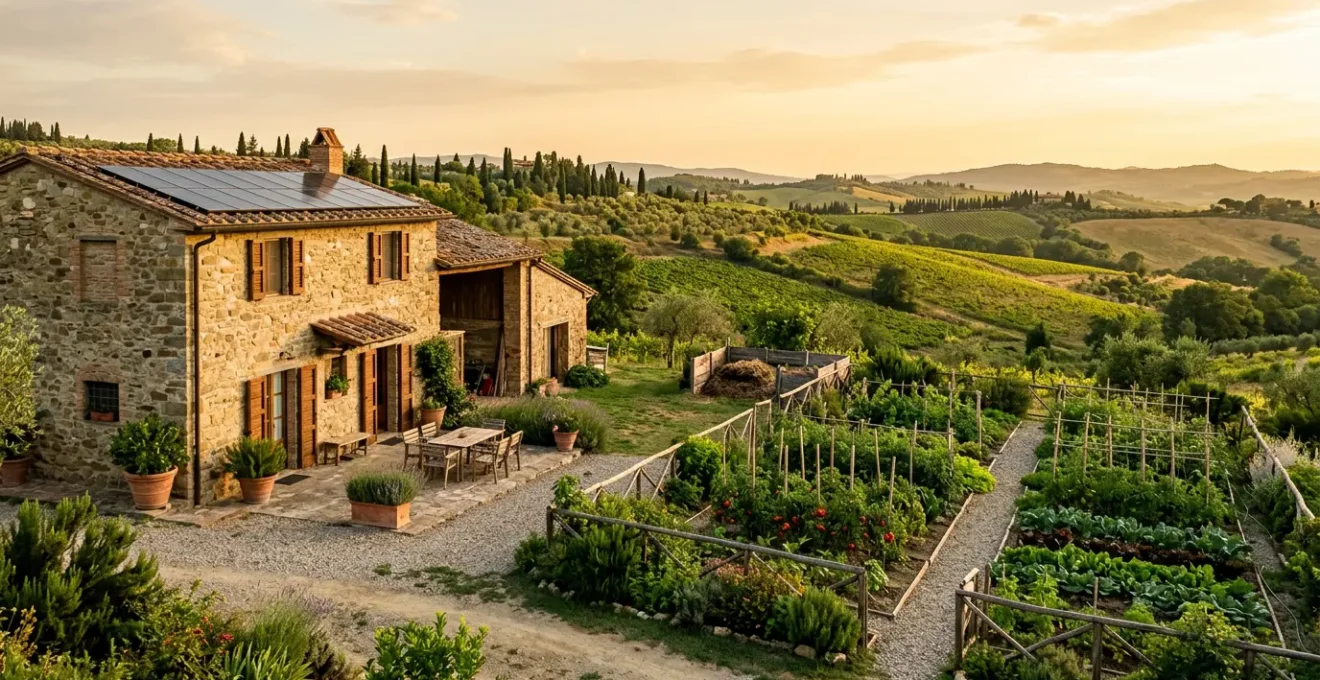 Vista panoramica di un agriturismo ecologico con pratiche sostenibili visibili