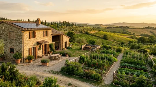 Vista panoramica di un agriturismo ecologico con pratiche sostenibili visibili