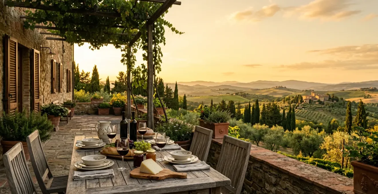 Vista panoramica di una tavola imbandita in un agriturismo italiano con prodotti tipici e vista sulla campagna