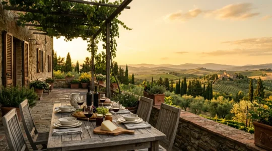 Vista panoramica di una tavola imbandita in un agriturismo italiano con prodotti tipici e vista sulla campagna