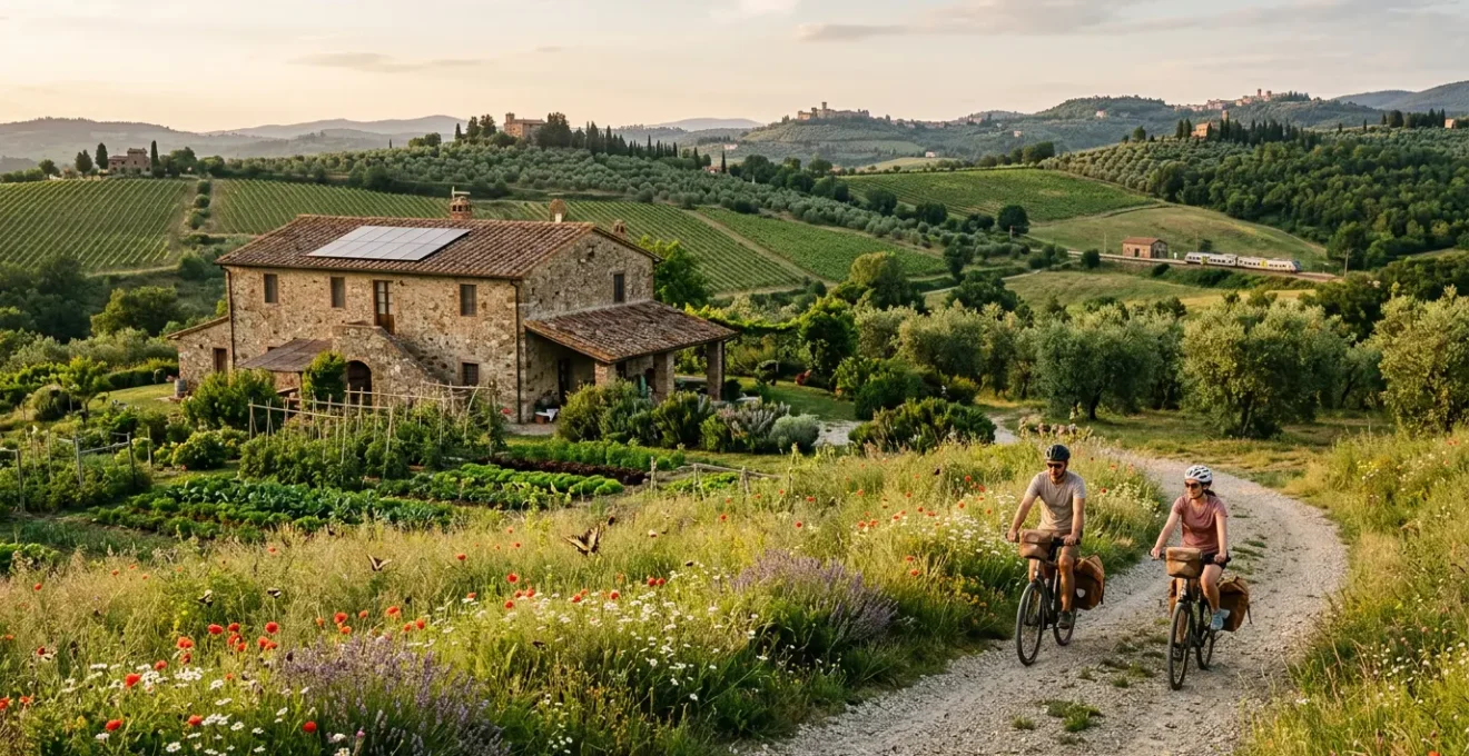 Vista panoramica di un agriturismo immerso nella campagna italiana con pannelli solari e viaggiatori che arrivano in bicicletta