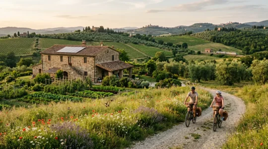 Vista panoramica di un agriturismo immerso nella campagna italiana con pannelli solari e viaggiatori che arrivano in bicicletta