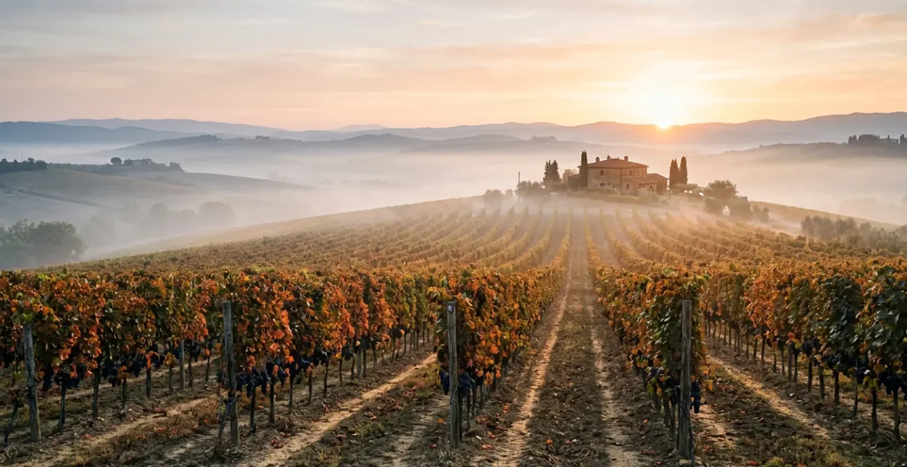 Alba dorata sui vigneti durante la vendemmia, con luce radente che illumina i filari e la nebbia mattutina