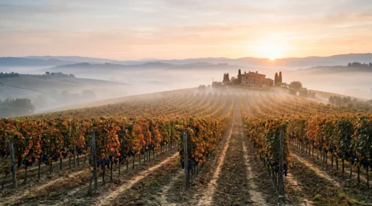 Alba dorata sui vigneti durante la vendemmia, con luce radente che illumina i filari e la nebbia mattutina