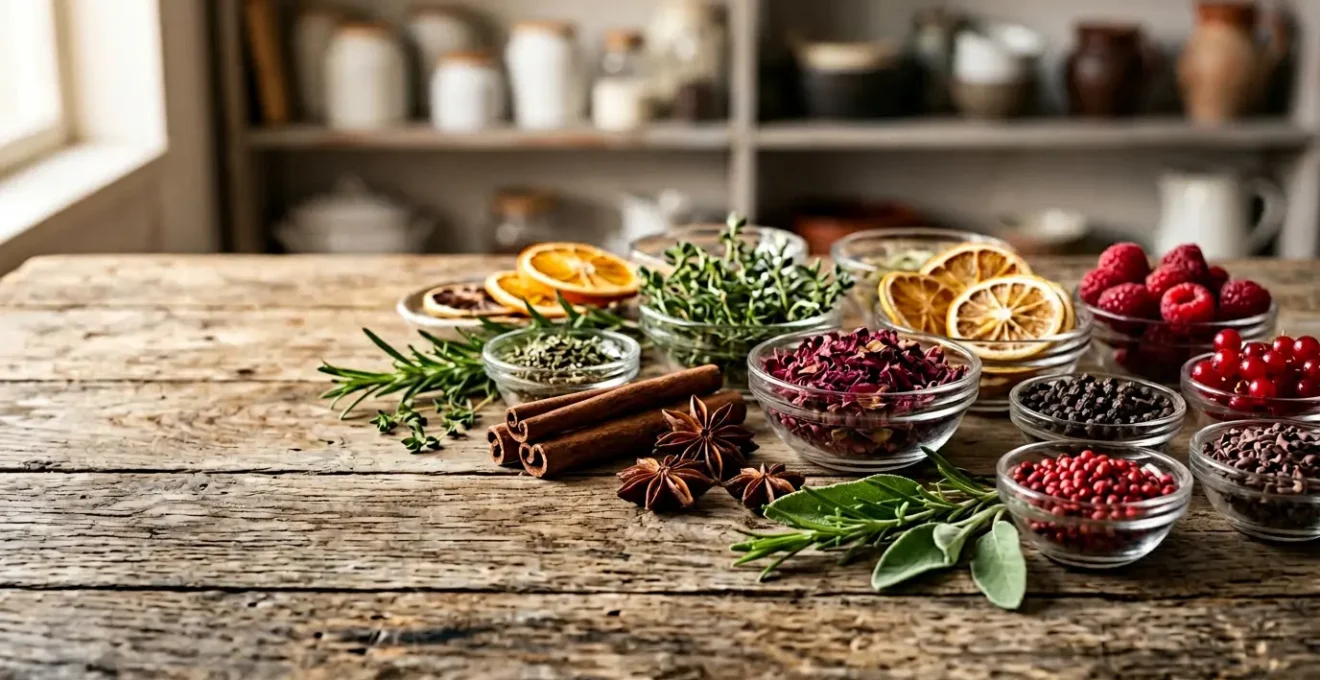 Spezie e aromi naturali disposti per l'allenamento olfattivo nella degustazione del vino