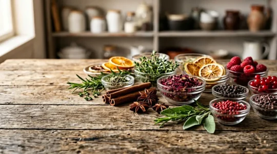 Spezie e aromi naturali disposti per l'allenamento olfattivo nella degustazione del vino