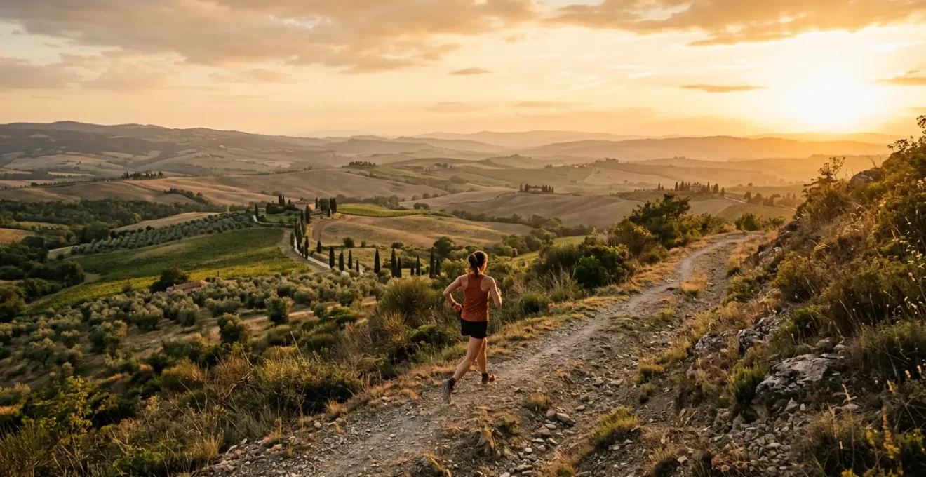 Runner che corre su sentiero collinare al tramonto con vista panoramica sulle colline toscane