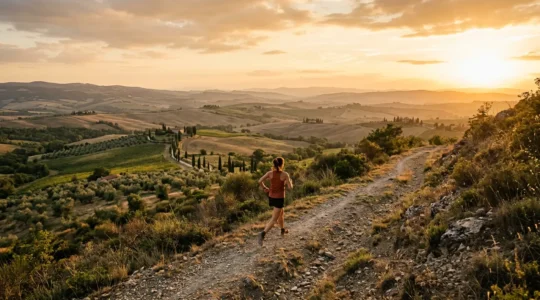 Runner che corre su sentiero collinare al tramonto con vista panoramica sulle colline toscane
