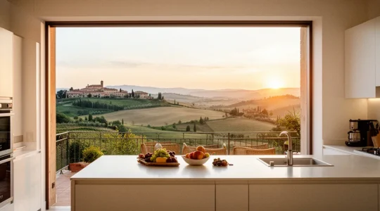 Appartamento luminoso in agriturismo con cucina aperta e vista panoramica sulla campagna italiana al tramonto