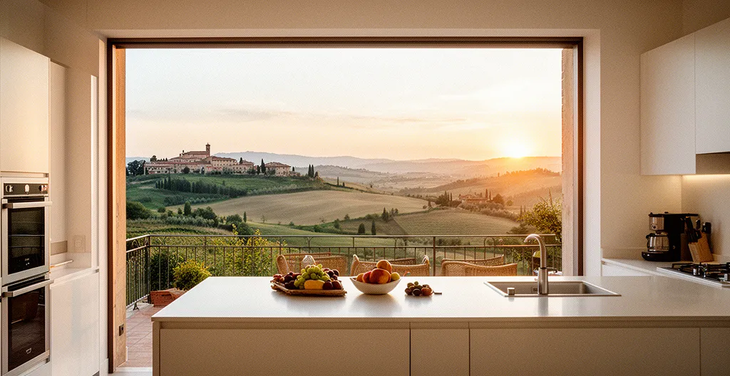 Appartamento luminoso in agriturismo con cucina aperta e vista panoramica sulla campagna italiana al tramonto