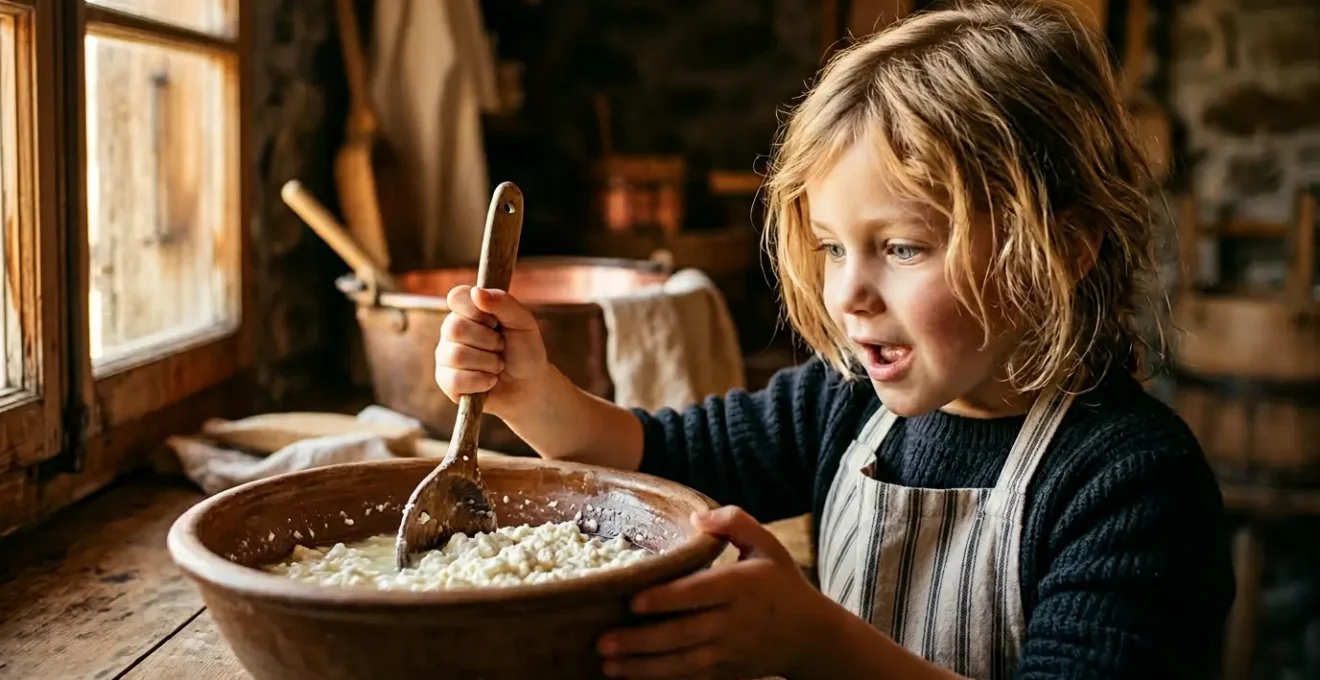 Bambino che osserva con meraviglia il processo di trasformazione del latte in formaggio in una fattoria didattica