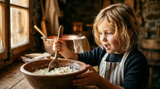 Bambino che osserva con meraviglia il processo di trasformazione del latte in formaggio in una fattoria didattica