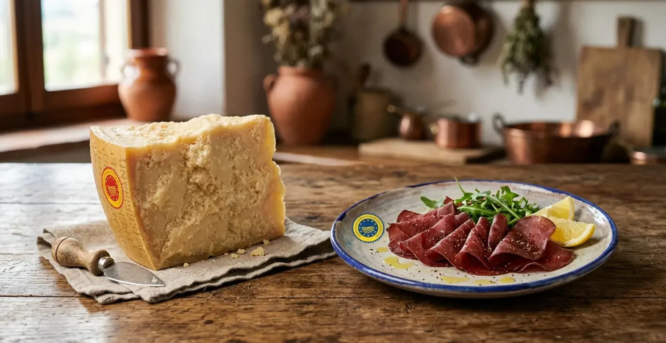 Confronto visivo tra bollini DOP e IGP su prodotti alimentari italiani