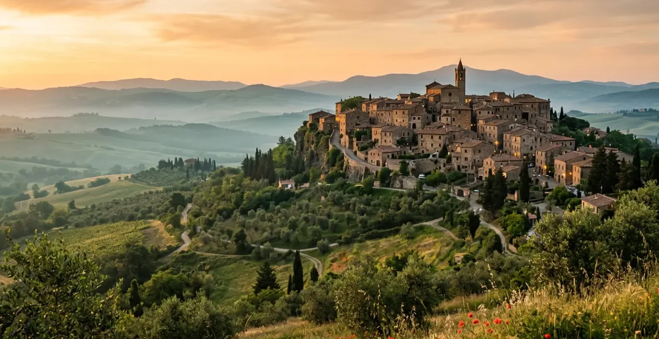 Vista panoramica di un borgo medievale italiano arroccato su una collina con vicoli in pietra e case color terracotta