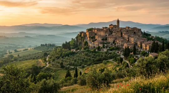 Vista panoramica di un borgo medievale italiano arroccato su una collina con vicoli in pietra e case color terracotta