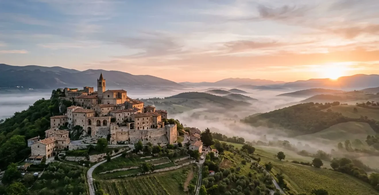 Vista panoramica di un borgo medievale umbro all'alba con colline verdi