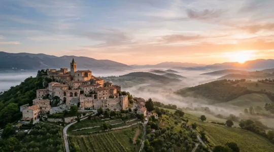Vista panoramica di un borgo medievale umbro all'alba con colline verdi