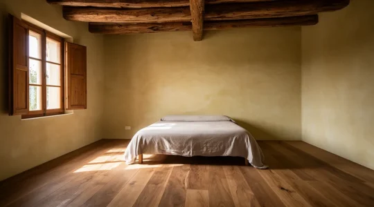 Camera d'agriturismo con pareti in calce naturale e pavimenti in legno massello, atmosfera salubre e accogliente