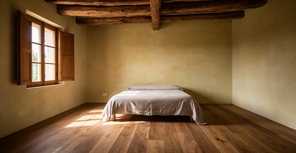 Camera d'agriturismo con pareti in calce naturale e pavimenti in legno massello, atmosfera salubre e accogliente