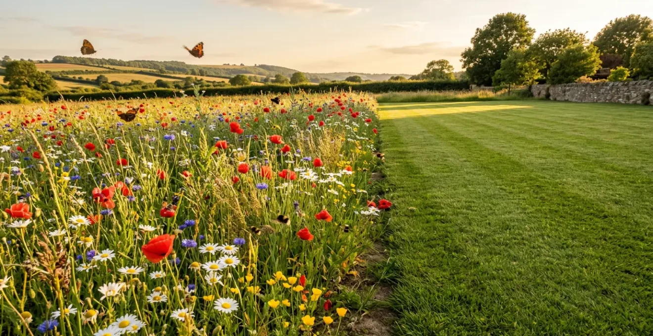 Confronto visivo tra un campo colorato di fiori selvatici con api e farfalle e un prato inglese monotono e sterile