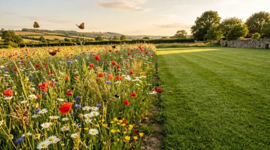 Confronto visivo tra un campo colorato di fiori selvatici con api e farfalle e un prato inglese monotono e sterile