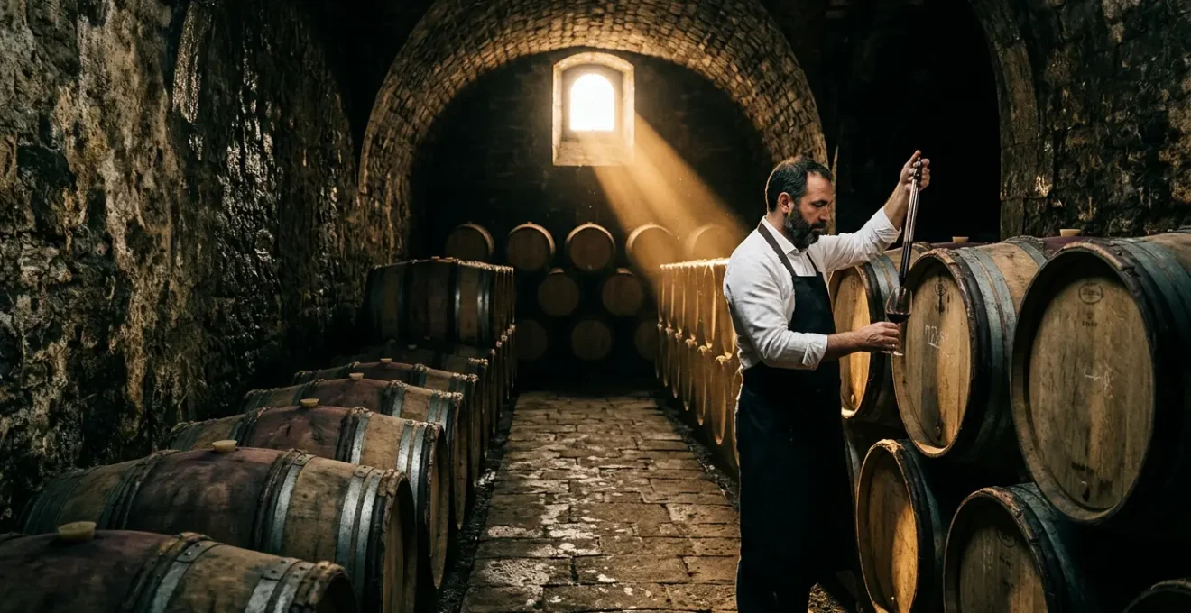 Degustazione in cantina storica con sommelier che esamina vino dalla barrique
