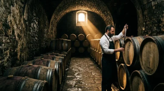 Degustazione in cantina storica con sommelier che esamina vino dalla barrique
