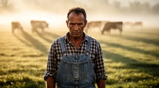 Contadino al tramonto nei campi con animali da allevamento che mostra la fatica del lavoro agricolo quotidiano