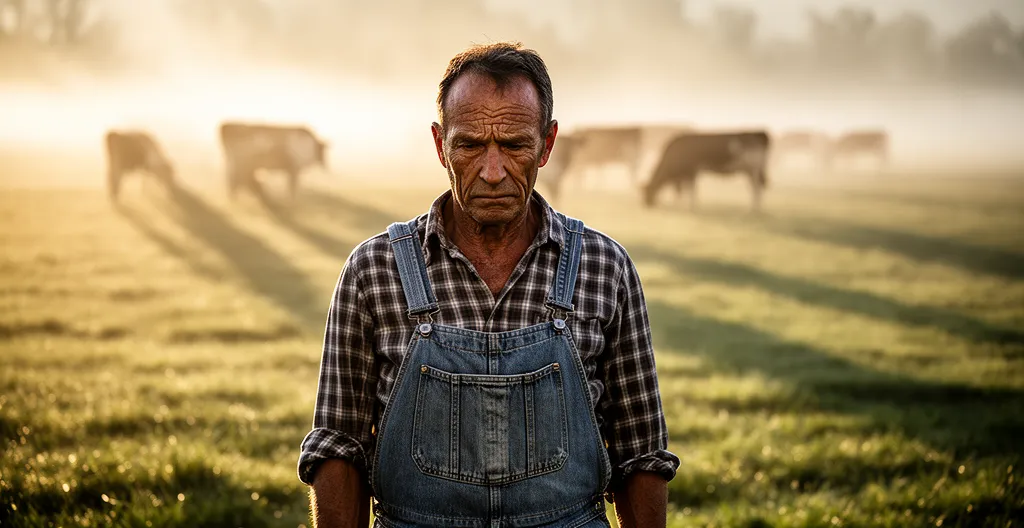 Contadino al tramonto nei campi con animali da allevamento che mostra la fatica del lavoro agricolo quotidiano