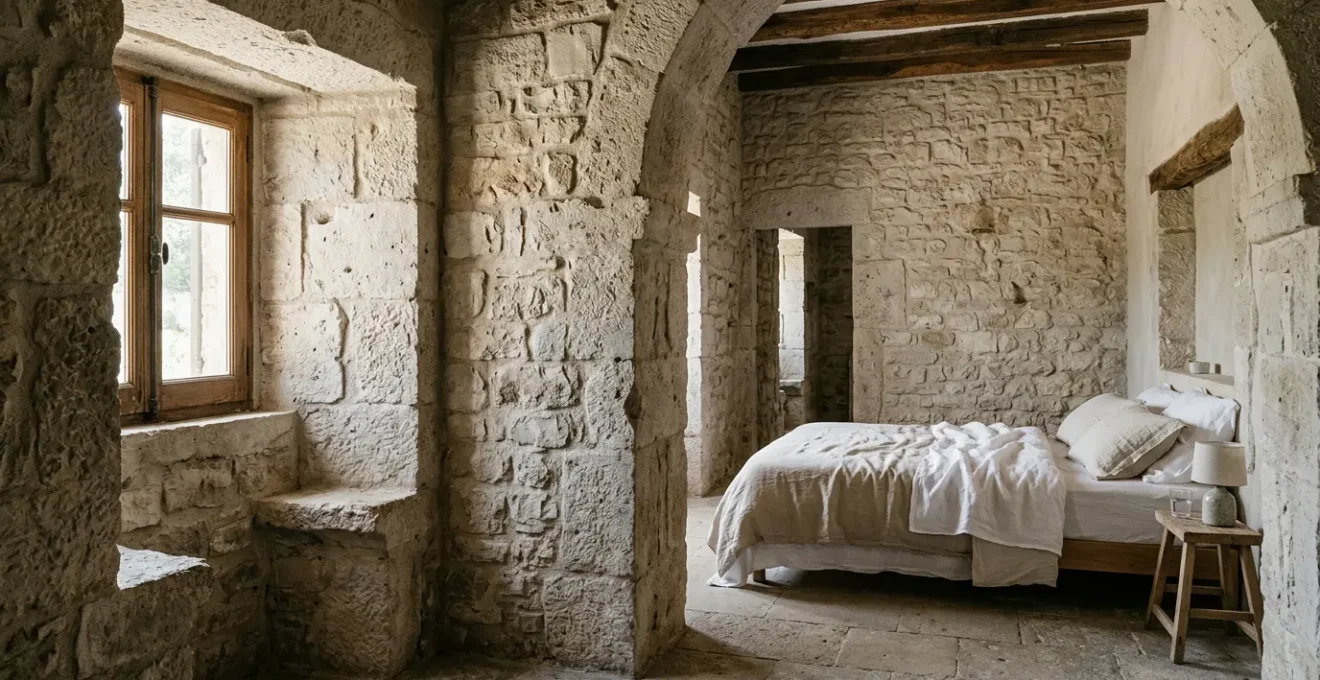 Camera da letto in antica casa di pietra con muri spessi, luce naturale filtrata attraverso piccola finestra