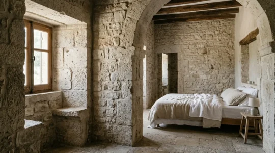 Camera da letto in antica casa di pietra con muri spessi, luce naturale filtrata attraverso piccola finestra