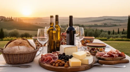 Tavola elegantemente apparecchiata in un agriturismo toscano al tramonto con vista sui vigneti