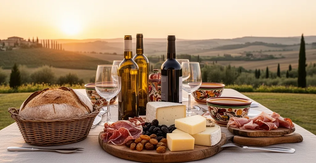 Tavola elegantemente apparecchiata in un agriturismo toscano al tramonto con vista sui vigneti