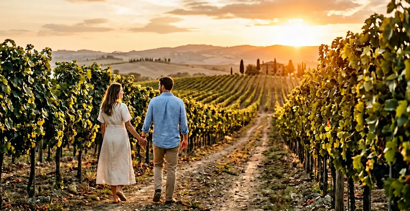 Coppia che cammina mano nella mano tra i filari di un vigneto al tramonto in Toscana