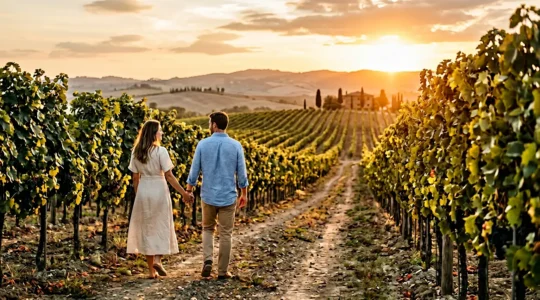 Coppia che cammina mano nella mano tra i filari di un vigneto al tramonto in Toscana