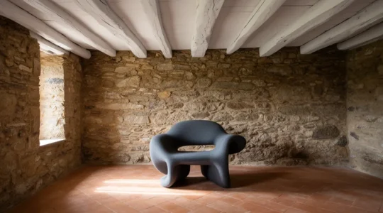 Interni rustici con pezzi di design contemporaneo in armonia con pietra e legno