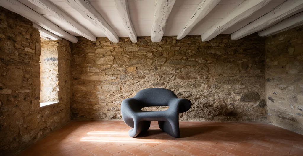 Interni rustici con pezzi di design contemporaneo in armonia con pietra e legno