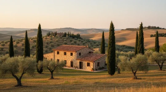 Persona rilassata in un agriturismo toscano immerso nel verde senza dispositivi digitali