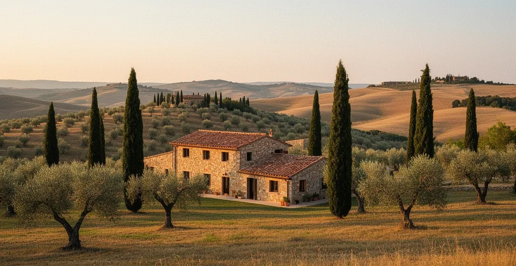 Persona rilassata in un agriturismo toscano immerso nel verde senza dispositivi digitali