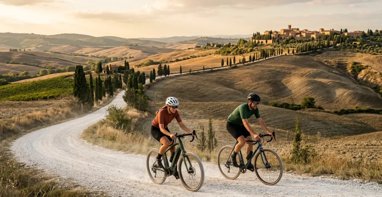 Coppia di ciclisti con e-bike e bici muscolare su strada bianca toscana con colline e cipressi