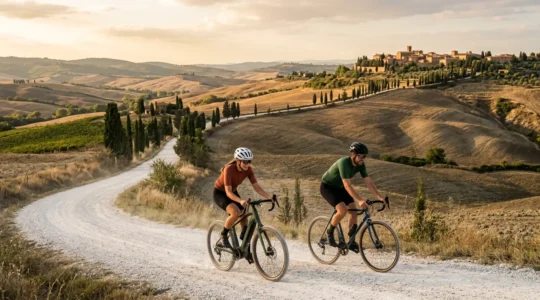 Coppia di ciclisti con e-bike e bici muscolare su strada bianca toscana con colline e cipressi