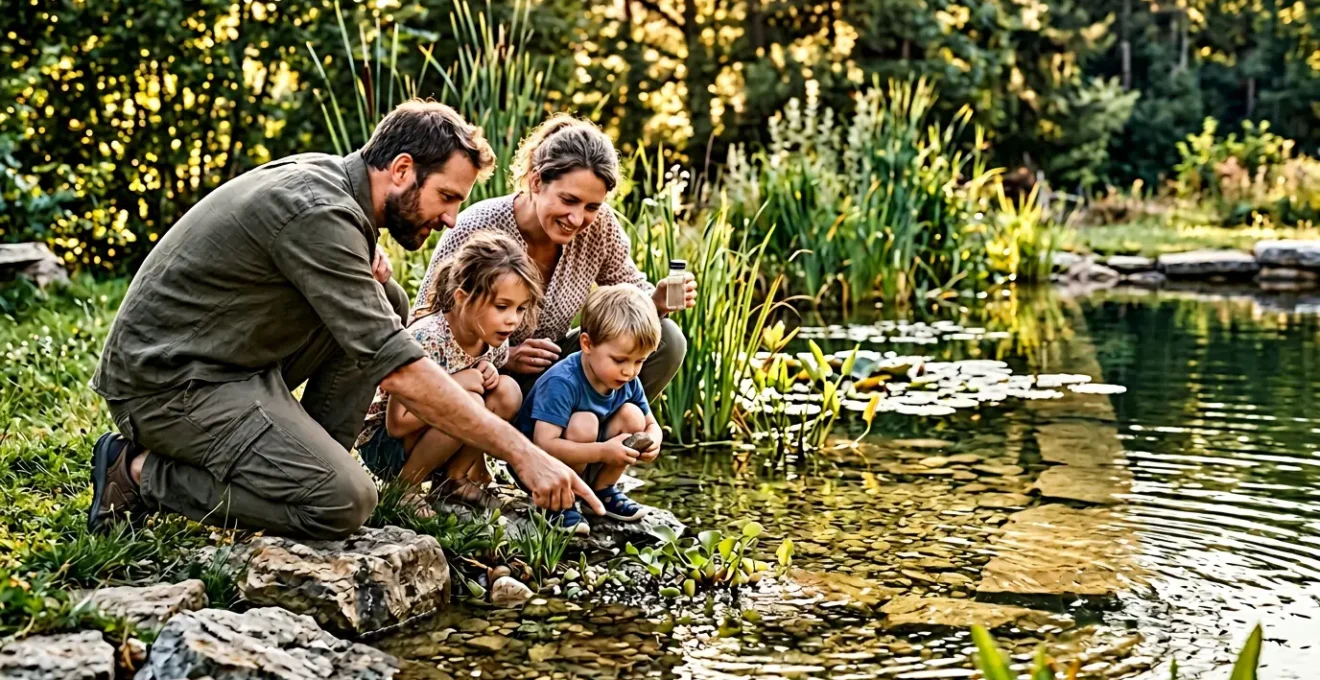Famiglia con bambini che osserva l'acqua cristallina di una piscina naturale circondata da piante acquatiche