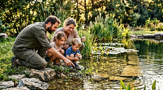 Famiglia con bambini che osserva l'acqua cristallina di una piscina naturale circondata da piante acquatiche