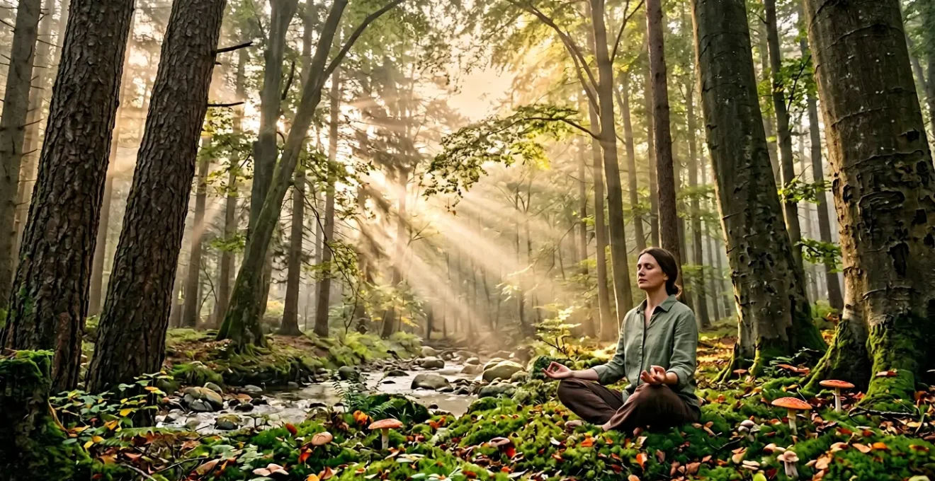 Persona in meditazione nella foresta di pini con raggi di luce filtrati tra gli alberi al mattino