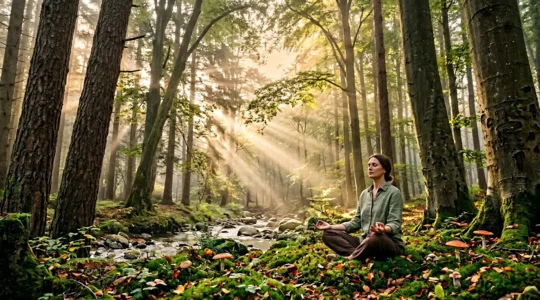 Persona in meditazione nella foresta di pini con raggi di luce filtrati tra gli alberi al mattino