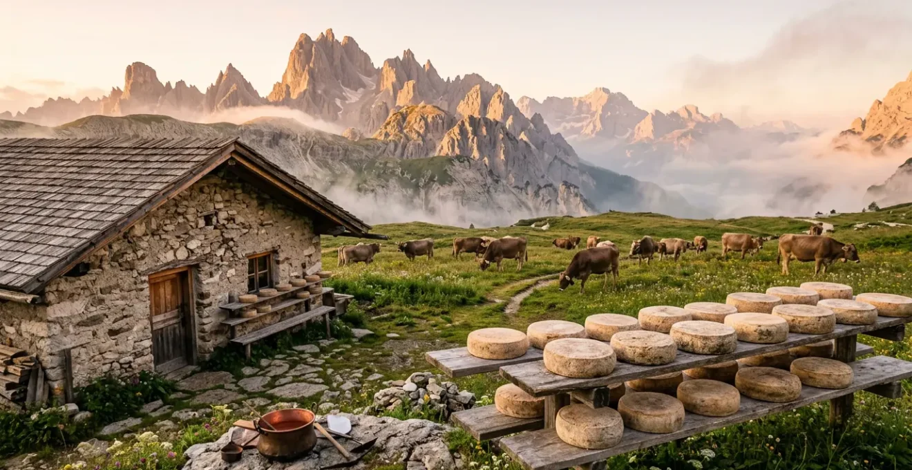 Vista panoramica di un alpeggio con mucche al pascolo e forme di formaggio stagionate in primo piano